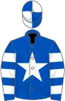 Royal blue, white star, hooped sleeves, quartered cap