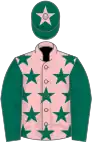 Pink, dark green stars and sleeves, dark green cap, pink star