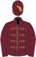 Claret, gold braid, claret sleeves, white cap gold tassel