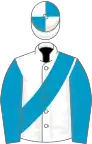 White, turquoise blue sash and sleeves, quartered cap