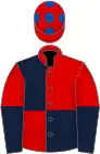 Red and dark blue (quartered), halved sleeves, red cap, royal blue spots