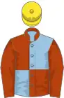Light blue and rust (quartered), rust collar and sleeves, yellow cap
