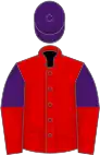 Red, purple and red halved sleeves, purple cap