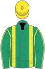 Emerald green, yellow braces, emerald green sleeves, yellow seams, yellow cap