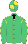 Emerald green, yellow seams, quartered cap