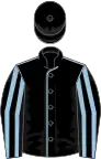 Black, light blue seams, striped sleeves, black cap