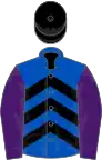 Royal blue and black chevrons, purple sleeves, black cap