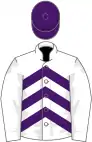 White and purple chevrons, white sleeves, purple cap