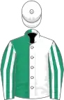 Emerald green and white (halved), striped sleeves, white cap,