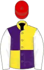 YELLOW and PURPLE QUARTERED, white sleeves, red cap