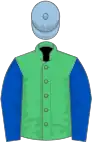 Emerald green, royal blue sleeves, light blue cap