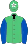 EMERALD GREEN, royal blue sleeves, emerald green cap, white star