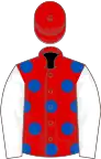Red, royal blue spots, white sleeves, red cap