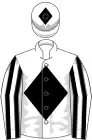 White, black diamond, black and white striped sleeves, white cap, black diamond