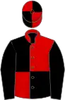 Red and black quartered, black sleeves, quartered cap