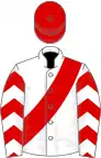 White, red sash, red and white chevrons on sleeves, red cap
