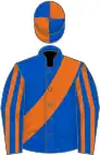 Royal blue, orange sash, striped sleeves, quartered cap