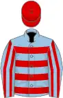 Light blue and red hoops, striped sleeves, red cap