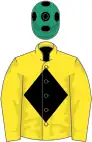 Yellow, black diamond, emerald green cap, black spots