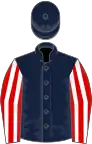 Dark blue, red and white striped sleeves, dark blue cap