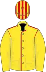Yellow, red seams on body, striped cap