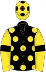 Black, yellow spots, yellow sleeves, black armlets and spots on yellow cap
