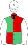 Red and emerald green quartered, white sleeves and cap