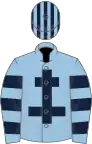 Light blue, dark blue cross of lorraine, hooped sleeves, striped cap