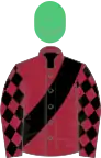 Maroon, black sash, diamonds on sleeves, emerald green cap, pink stars