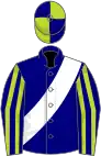 Navy, white sash, lime green striped sleeves and quartered cap