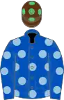 Royal blue, light blue spots, brown cap, emerald green spots