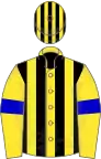 Yellow, black stripes on body and cap, blue armlets