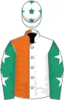 White and orange (halved), emerald green sleeves, white stars, white cap, emerald green stars