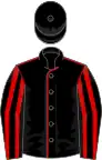 Black, red seams, striped sleeves, black cap
