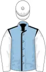 Light blue, black seams, white sleeves and cap
