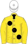 Yellow, large black spots, white cap