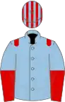 Light blue, red epaulets, halved sleeves, light blue and red striped cap