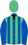 Royal blue and emerald green stripes, blue sleeves, green cap