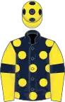 Dark blue, yellow spots, yellow sleeves, dark blue armlets, yellow cap, dark blue spots