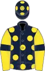 Dark blue, yellow spots, yellow sleeves, dark blue armlets, dark blue cap, yellow spots