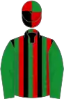 Red, black and green stripes, green sleeves, red, black and green segmented cap