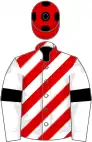 White, red diagonal stripes, black armlets, red cap, black spots