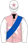 Pink, white star, royal blue sash, white sleeves, white cap, pink star