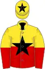 Yellow and red (halved horizontally), black star, yellow cap, black star