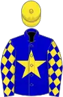 Blue, yellow star, diamonds on sleeves, yellow cap