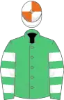 Emerald green, white hooped slvs, white and orange qtd cap