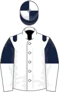 White, dark blue epaulets, dark blue and white halved sleeves, quartered cap