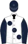 WHITE, large dark blue spots and sleeves, dark blue cap