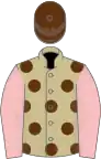 Beige, brown spots, pink sleeves, brown cap