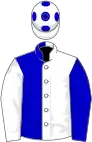 White and blue (halved), sleeves reversed, white cap, blue spots